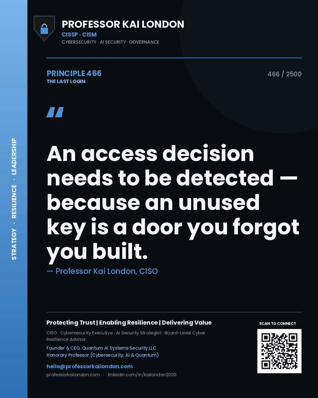 Quote card by Professor Kai London reading 'An access decision needs to be detected — because an unused key is a door you forgot you built.'. From the book The Last Login.