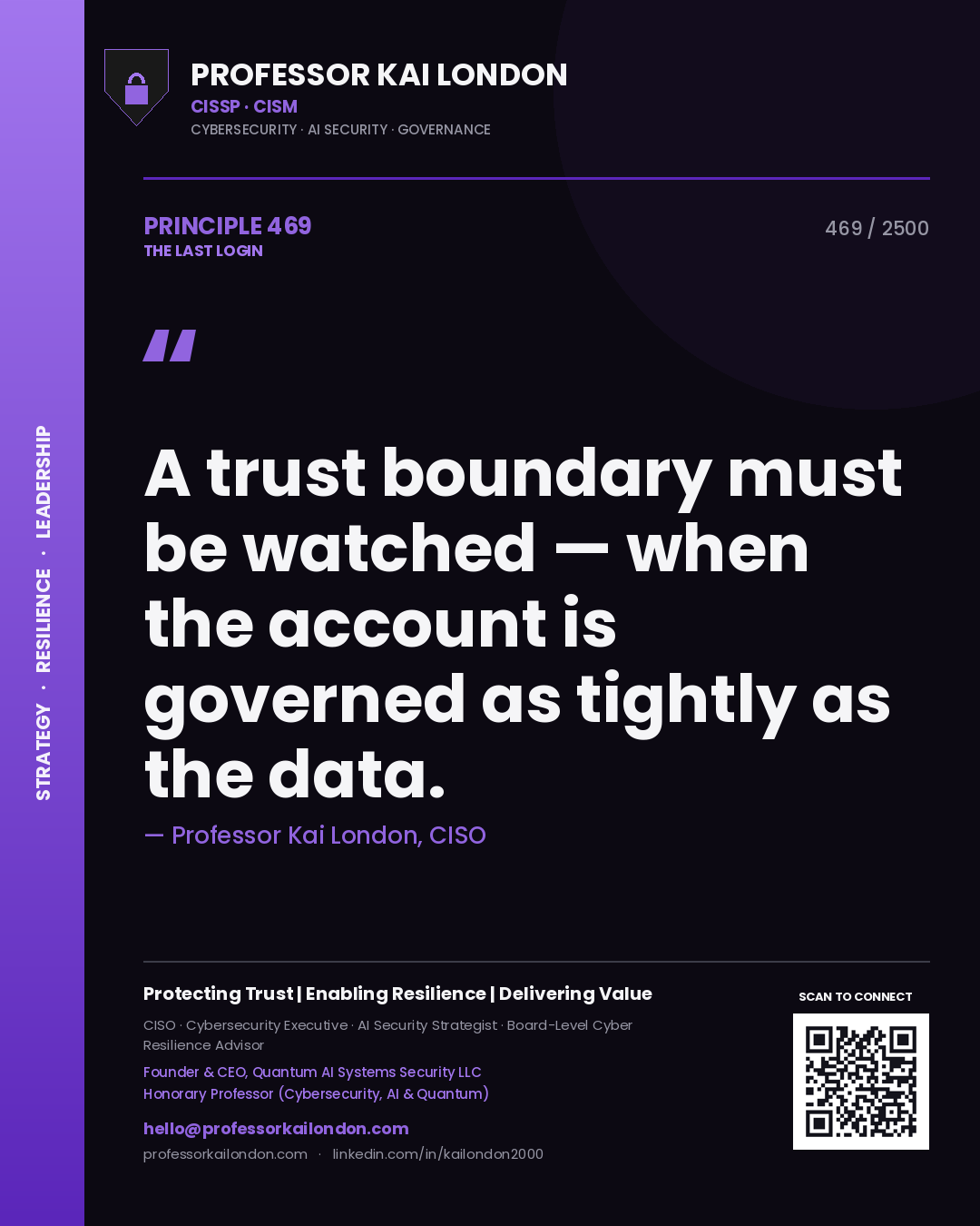 Quote card by Professor Kai London reading 'A trust boundary must be watched — when the account is governed as tightly as the data.'. From the book The Last Login.
