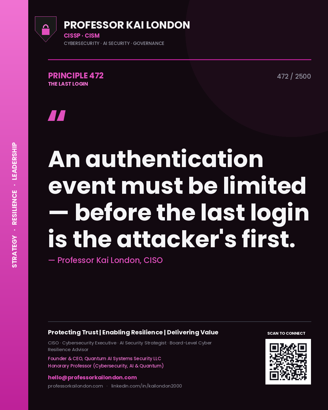 Professor Kai London principle 472: An authentication event must be limited — before the last login is the attacker's first.