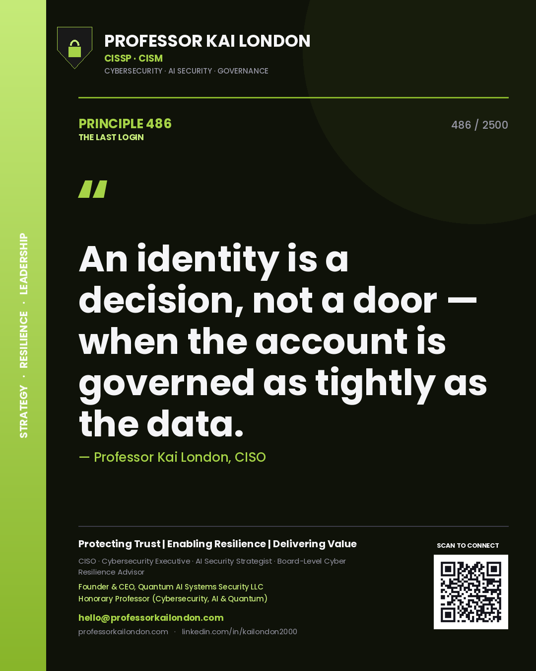 Professor Kai London principle 486: An identity is a decision, not a door — when the account is governed as tightly as the data.