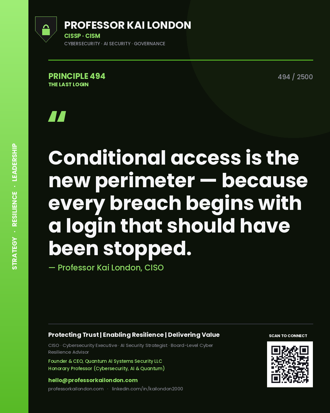 Quote card by Professor Kai London reading 'Conditional access is the new perimeter — because every breach begins with a login that should have been stopped.'. From the book The Last Login.