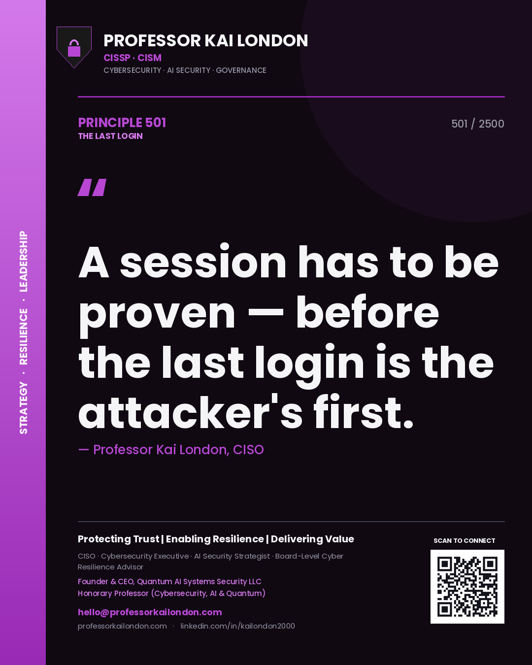 Quote card by Professor Kai London reading 'A session has to be proven — before the last login is the attacker's first.'. From the book The Last Login.