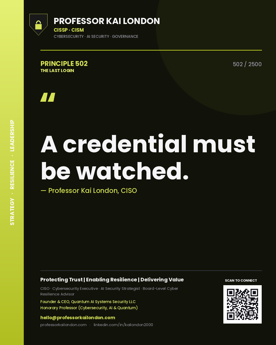 Quote card by Professor Kai London reading 'A credential must be watched.'. From the book The Last Login.