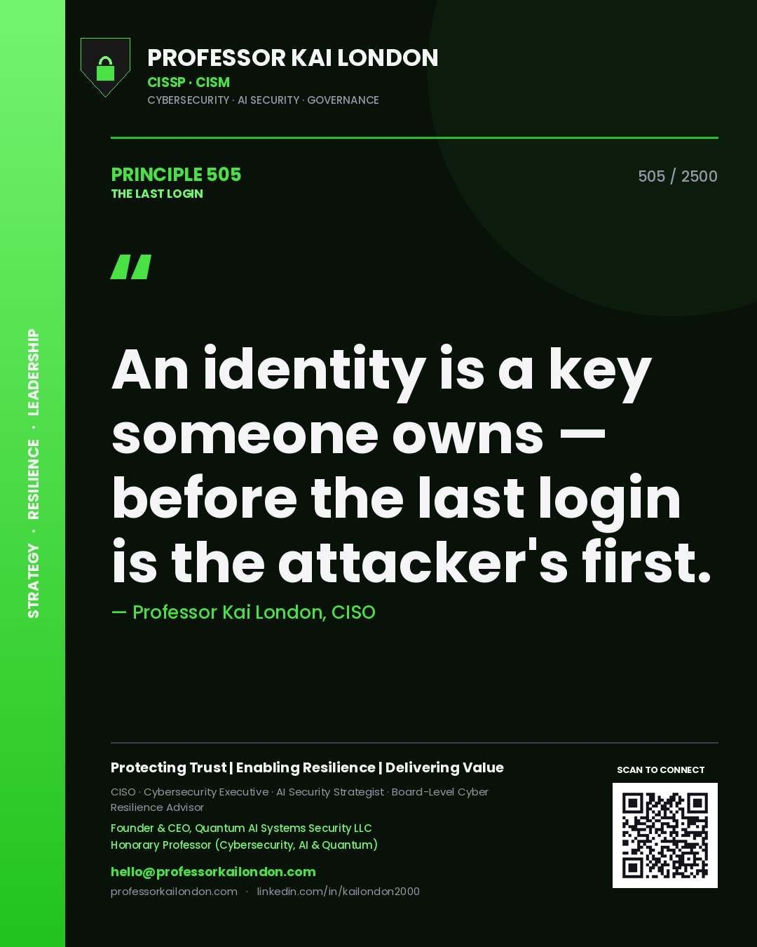 Quote card by Professor Kai London reading 'An identity is a key someone owns — before the last login is the attacker's first.'. From the book The Last Login.
