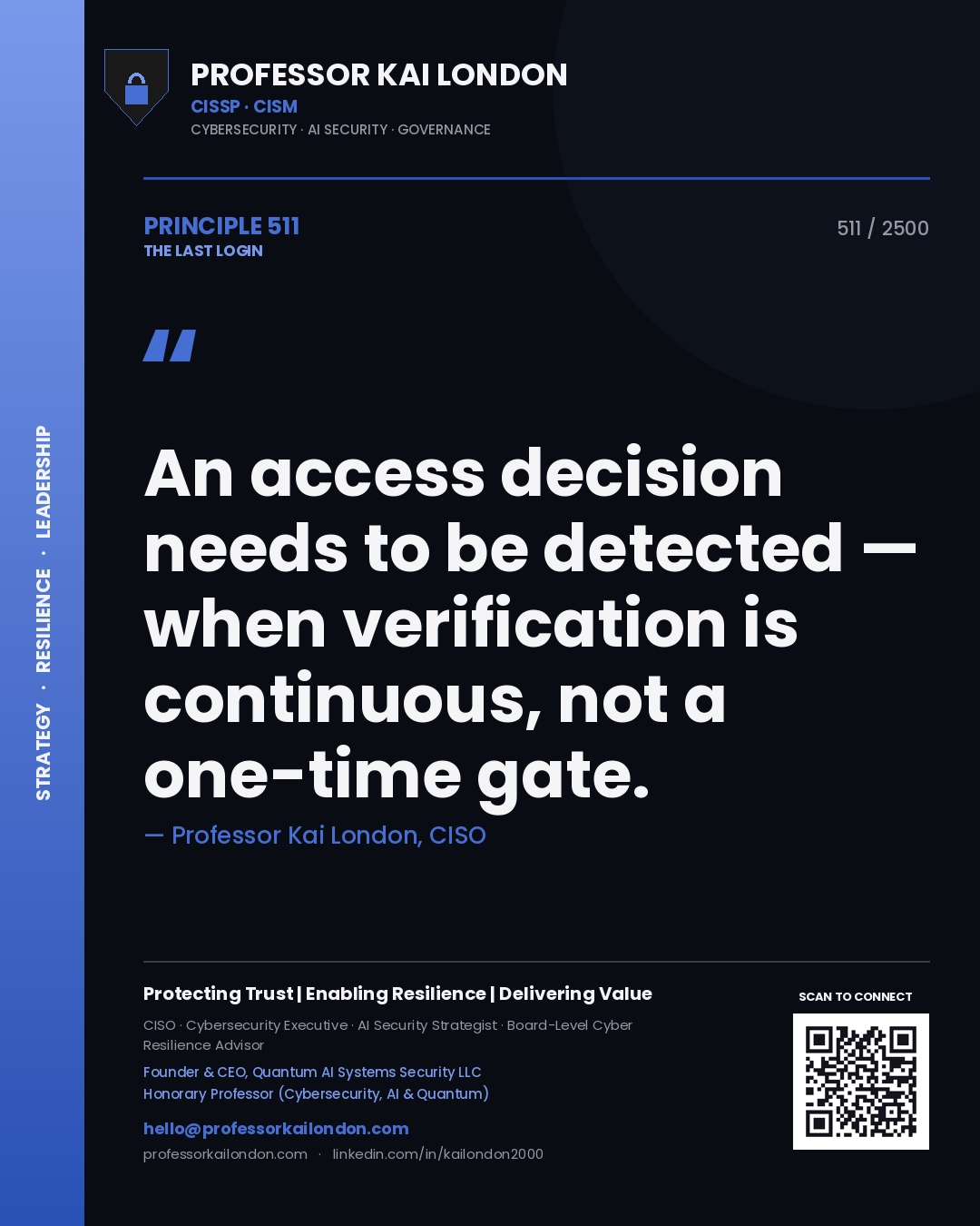 Quote card by Professor Kai London reading 'An access decision needs to be detected — when verification is continuous, not a one-time gate.'. From the book The Last Login.