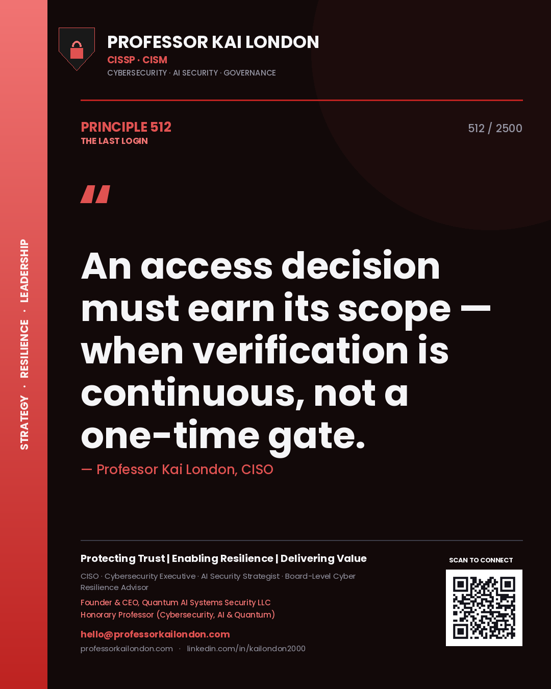 Professor Kai London principle 512: An access decision must earn its scope — when verification is continuous, not a one-time gate.