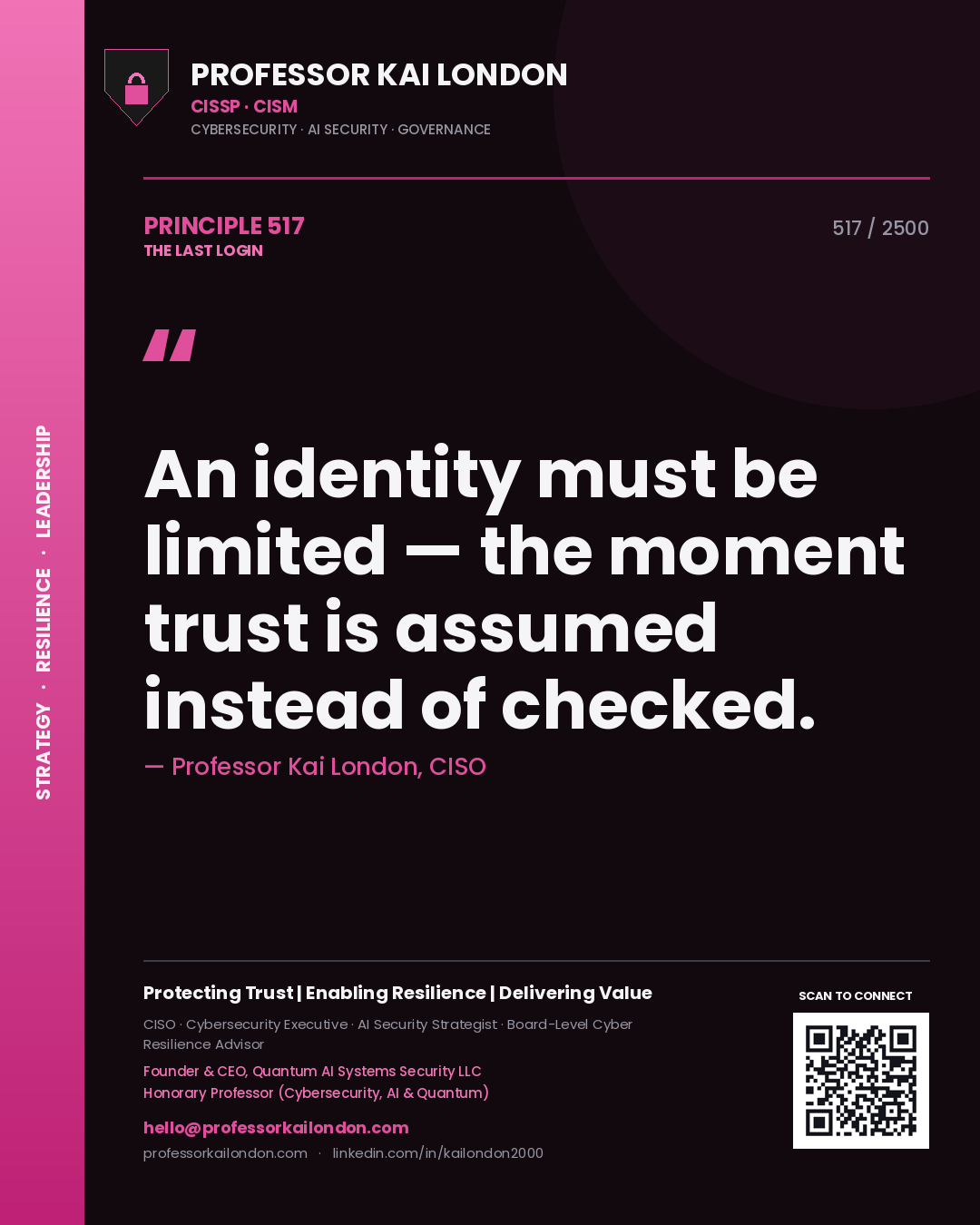 Professor Kai London principle 517: An identity must be limited — the moment trust is assumed instead of checked.