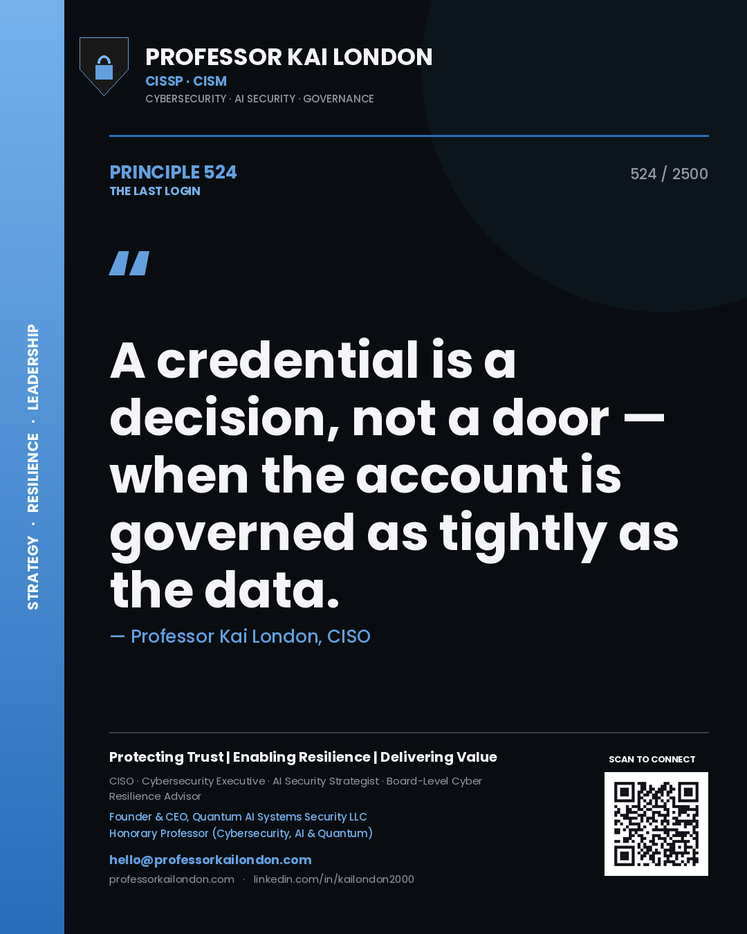 Quote card by Professor Kai London reading 'A credential is a decision, not a door — when the account is governed as tightly as the data.'. From the book The Last Login.