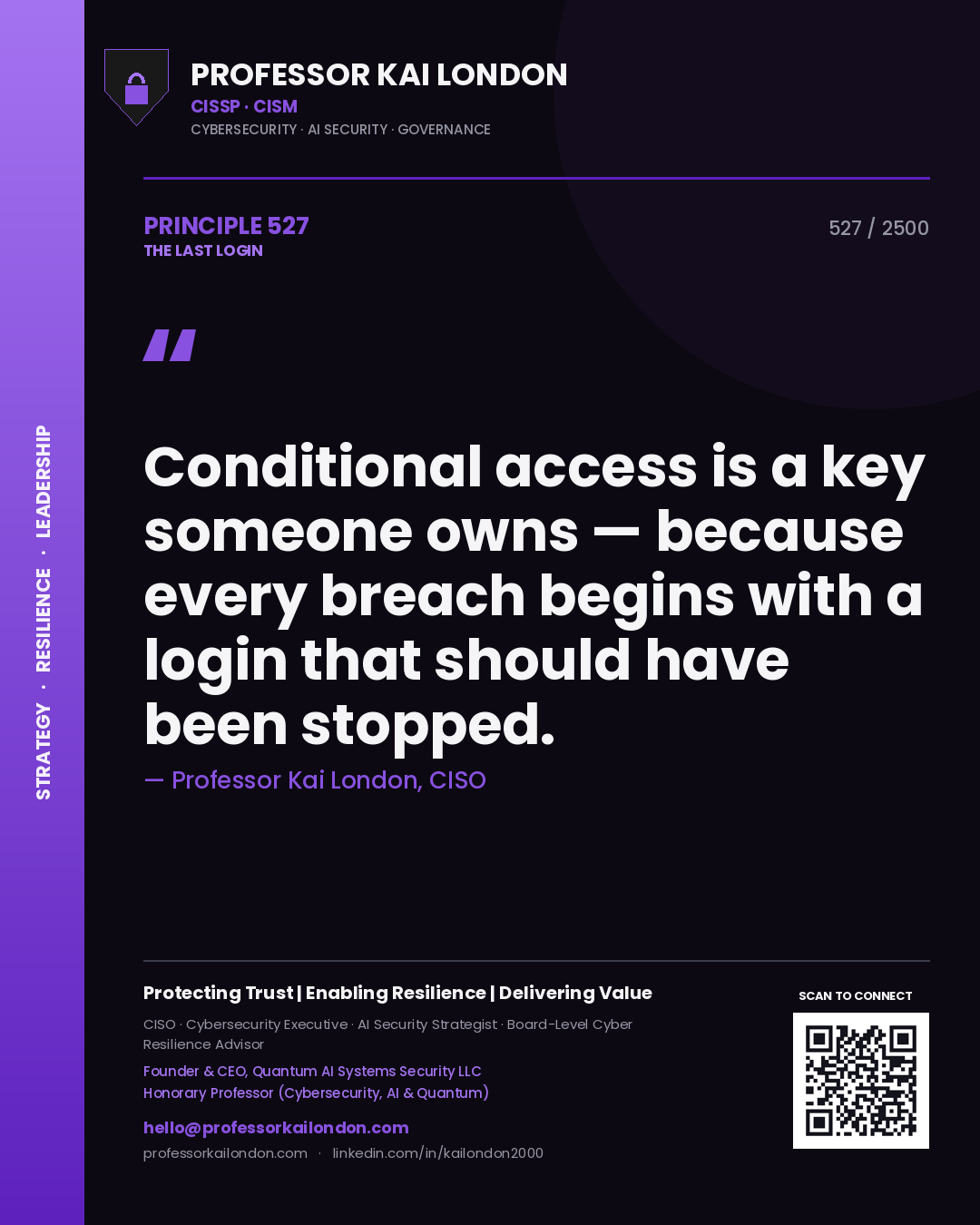 Quote card by Professor Kai London reading 'Conditional access is a key someone owns — because every breach begins with a login that should have been stopped.'. From the book The Last Login.