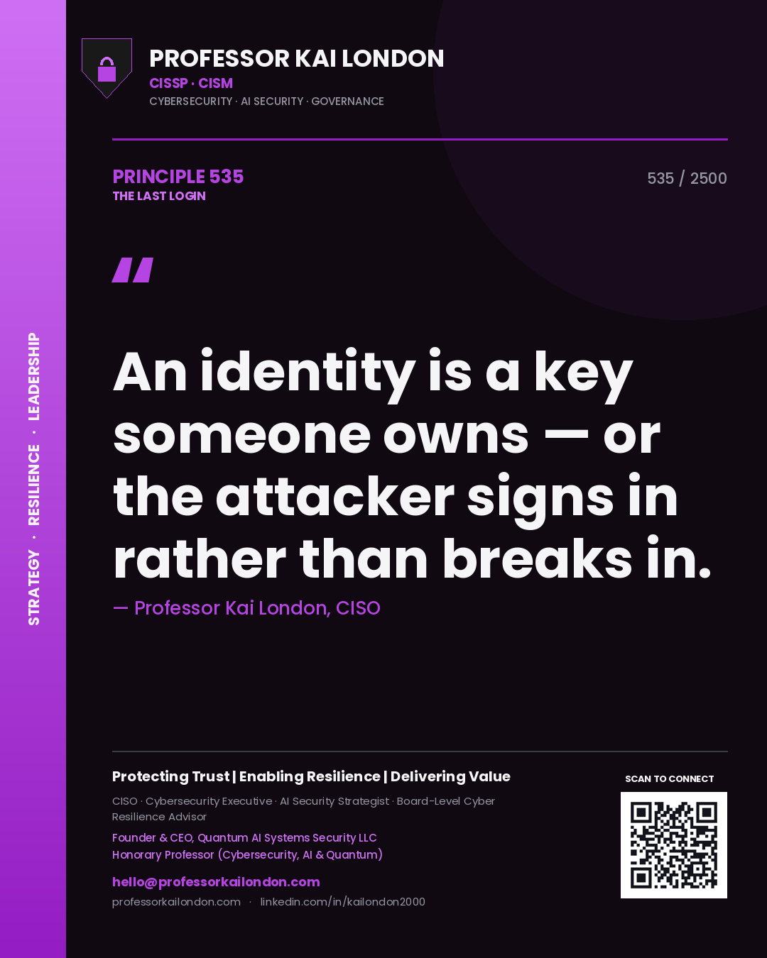 Quote card by Professor Kai London reading 'An identity is a key someone owns — or the attacker signs in rather than breaks in.'. From the book The Last Login.