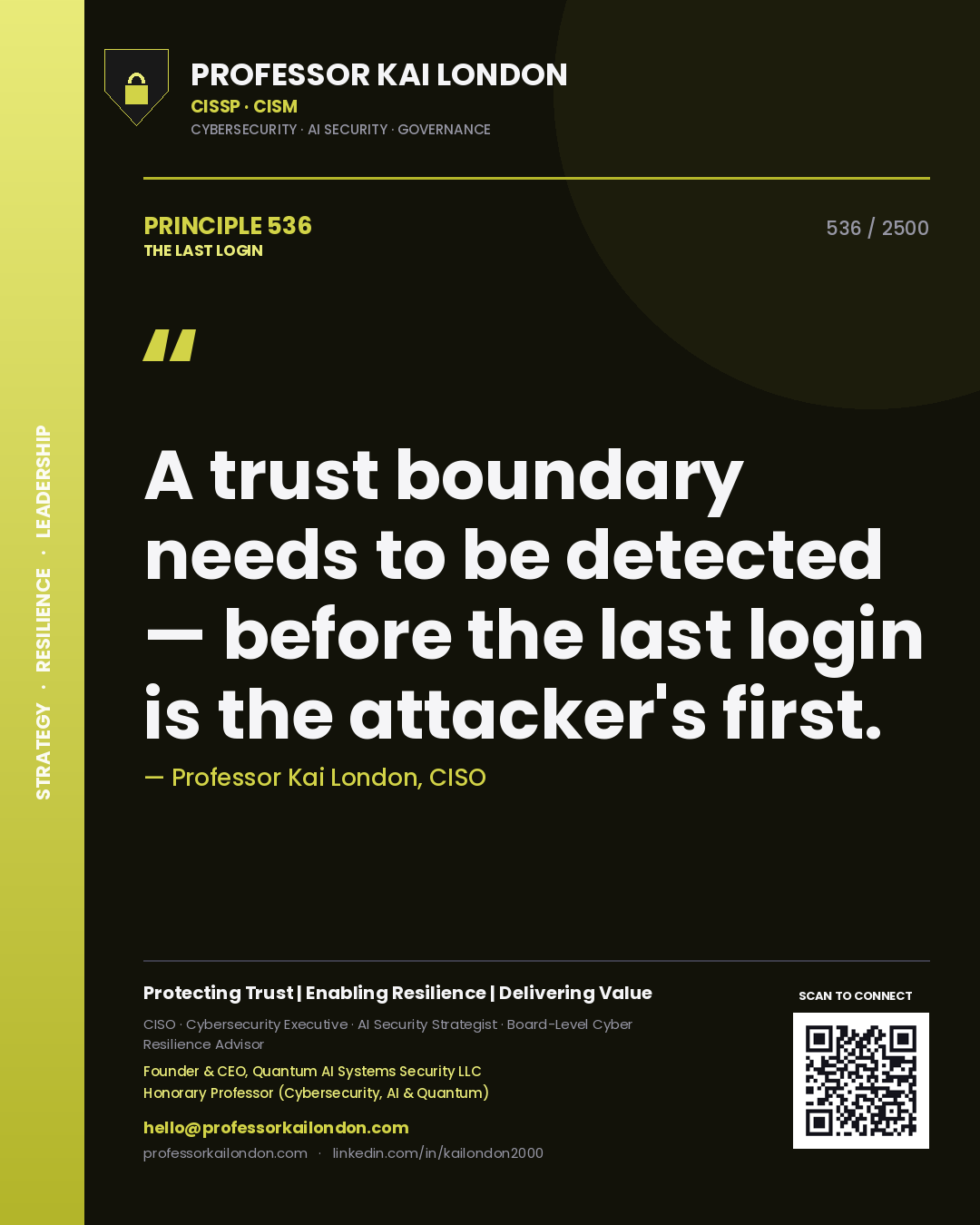 Quote card by Professor Kai London reading 'A trust boundary needs to be detected — before the last login is the attacker's first.'. From the book The Last Login.