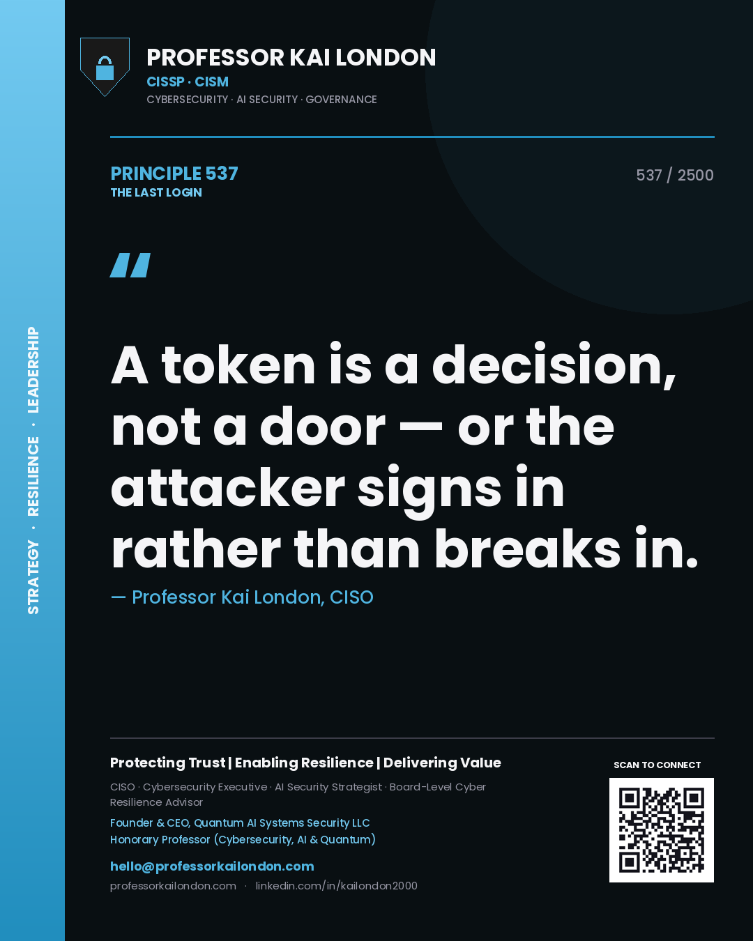 Quote card by Professor Kai London reading 'A token is a decision, not a door — or the attacker signs in rather than breaks in.'. From the book The Last Login.