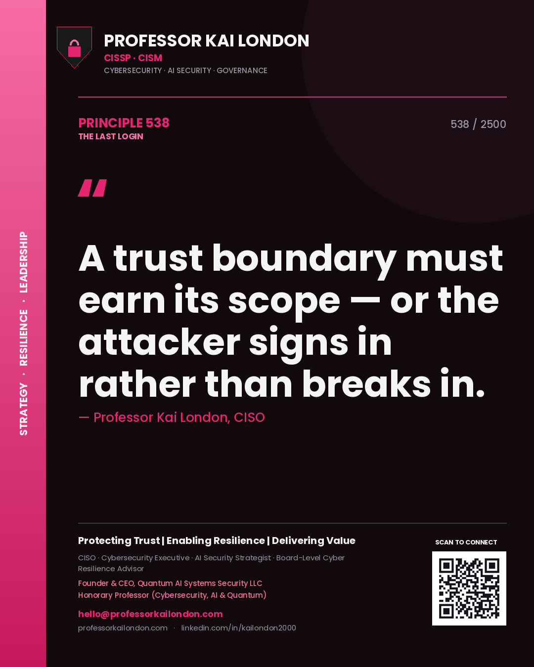 Professor Kai London principle 538: A trust boundary must earn its scope — or the attacker signs in rather than breaks in.