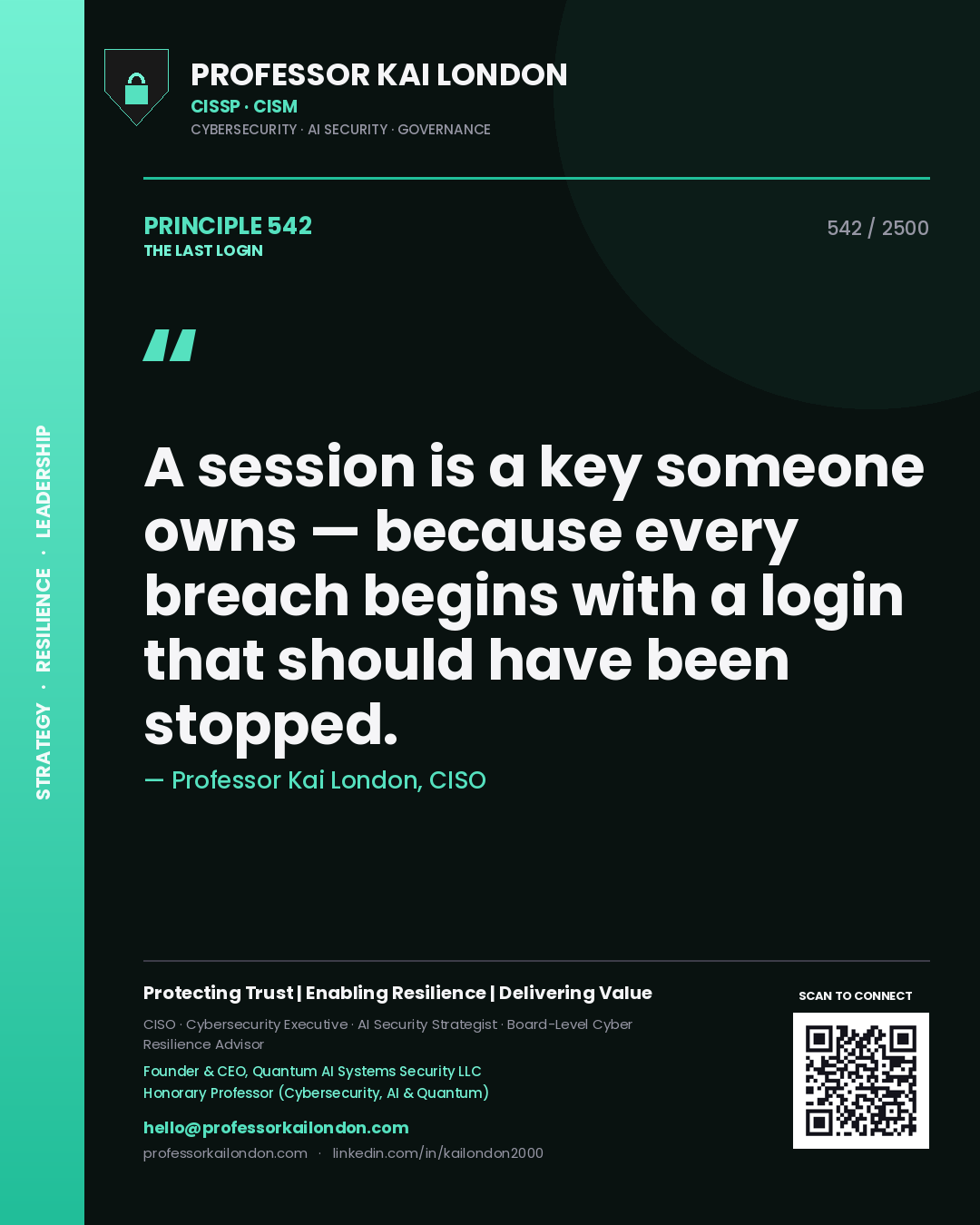 Quote card by Professor Kai London reading 'A session is a key someone owns — because every breach begins with a login that should have been stopped.'. From the book The Last Login.