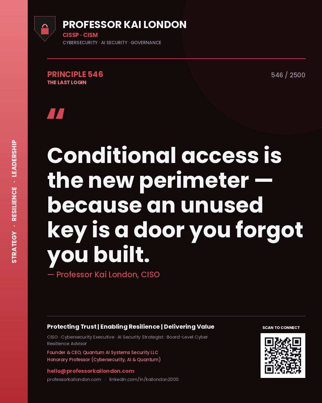 Quote card by Professor Kai London reading 'Conditional access is the new perimeter — because an unused key is a door you forgot you built.'. From the book The Last Login.