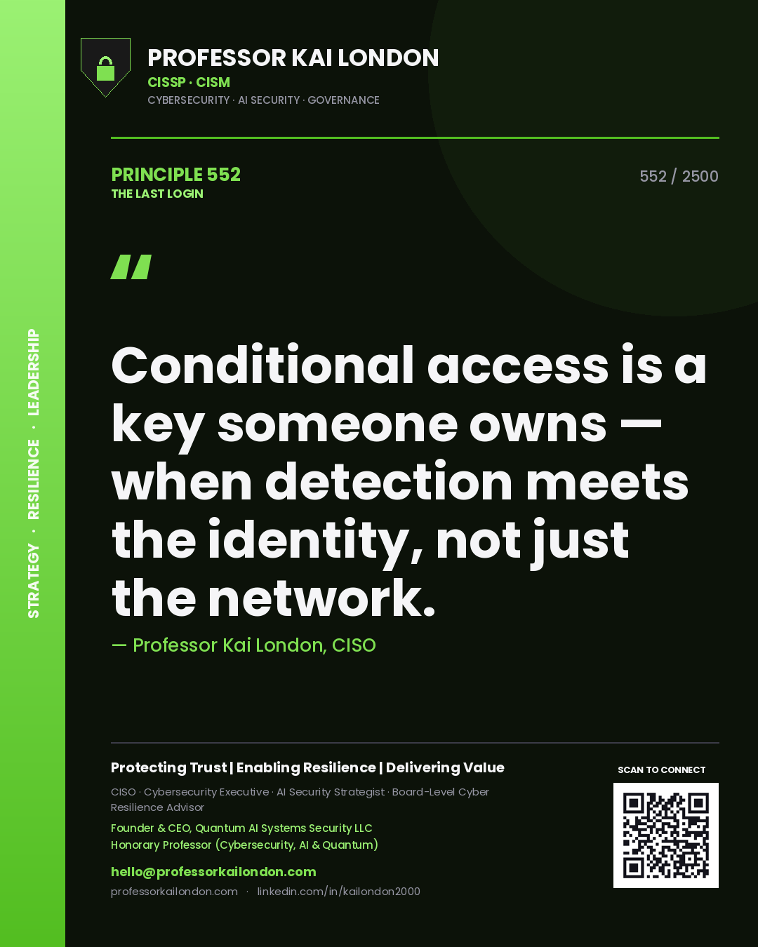 Quote card by Professor Kai London reading 'Conditional access is a key someone owns — when detection meets the identity, not just the network.'. From the book The Last Login.