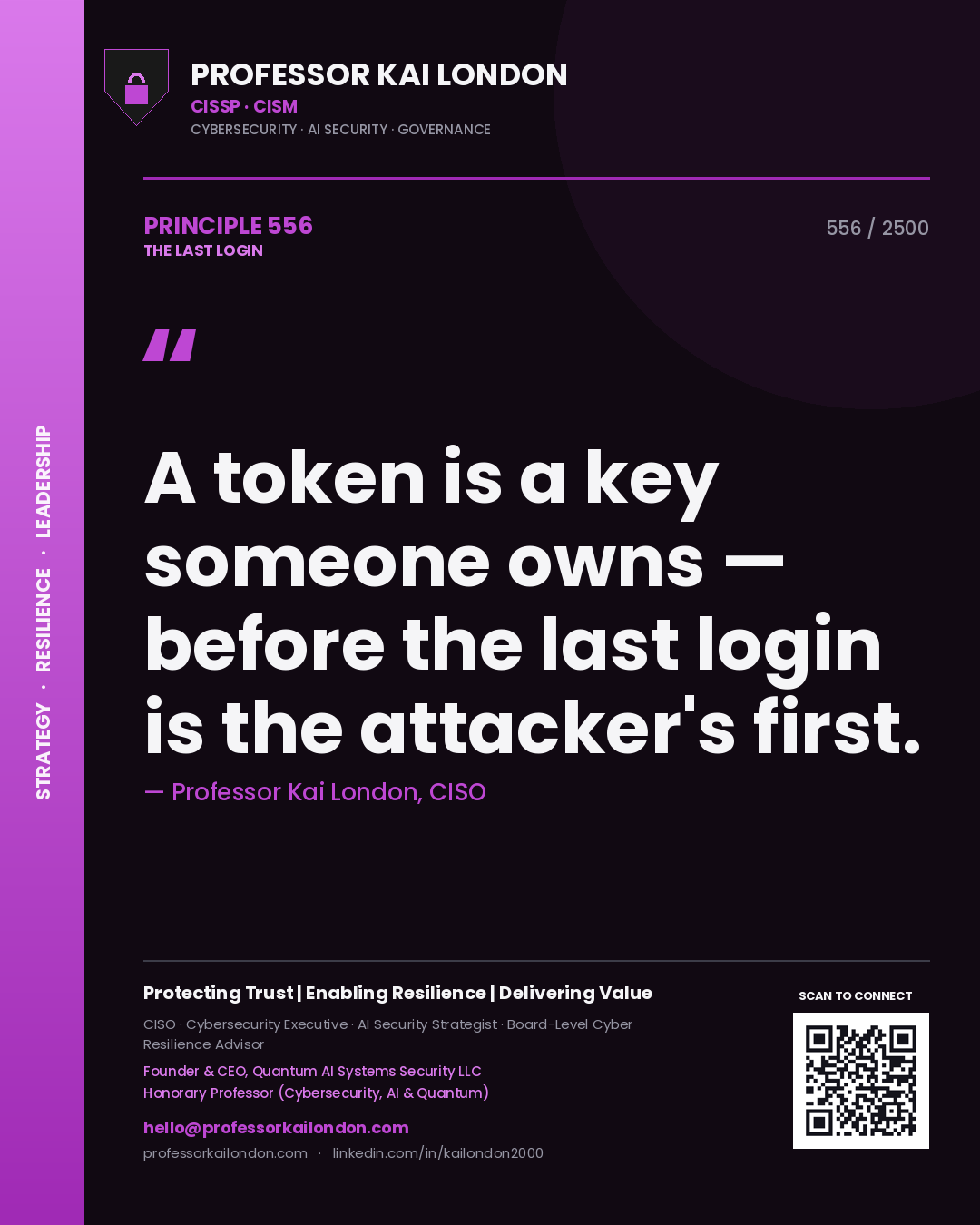 Professor Kai London principle 556: A token is a key someone owns — before the last login is the attacker's first.