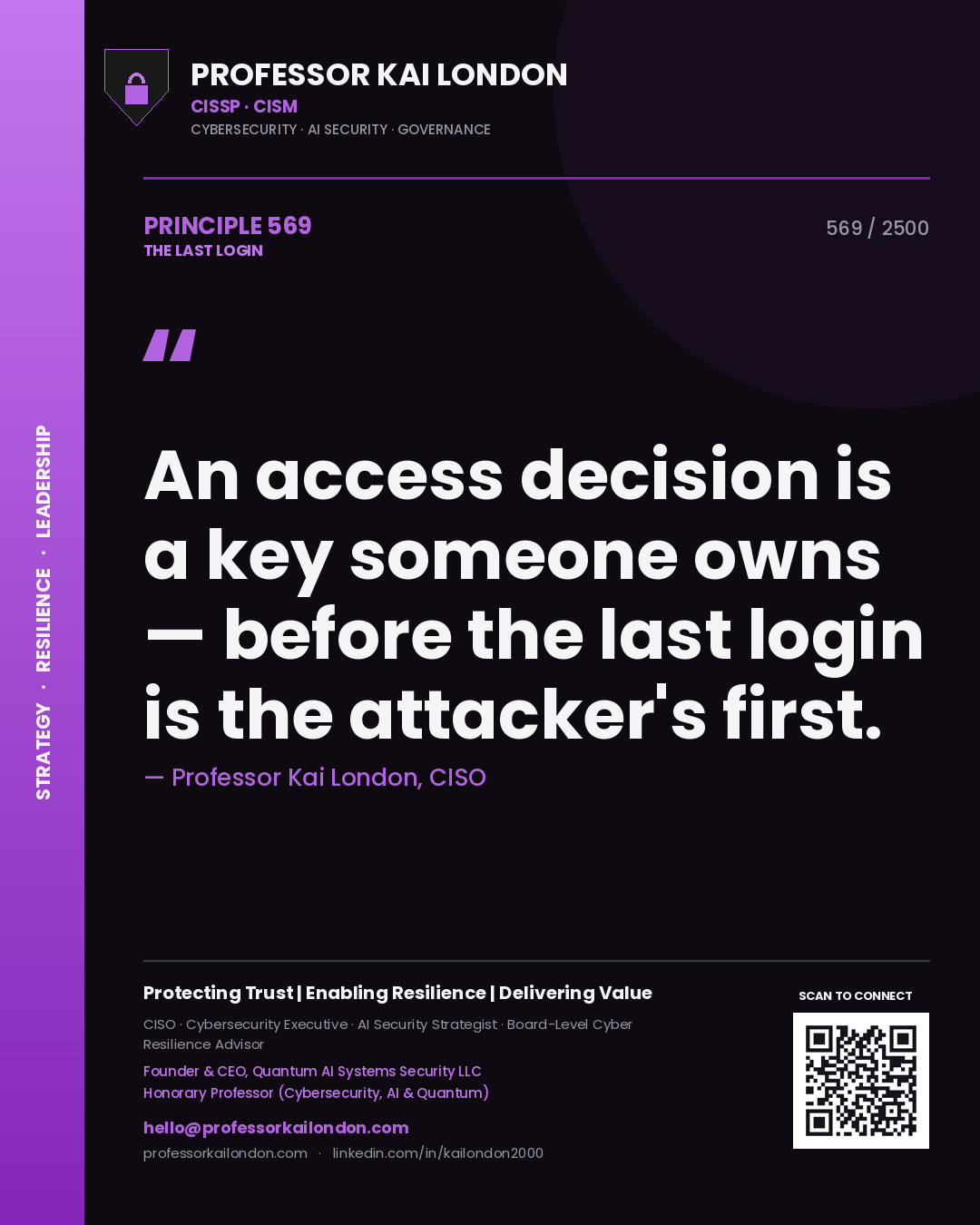 Quote card by Professor Kai London reading 'An access decision is a key someone owns — before the last login is the attacker's first.'. From the book The Last Login.