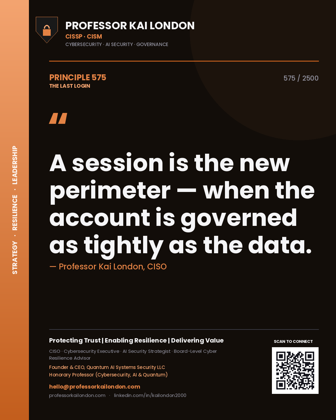Professor Kai London principle 575: A session is the new perimeter — when the account is governed as tightly as the data.
