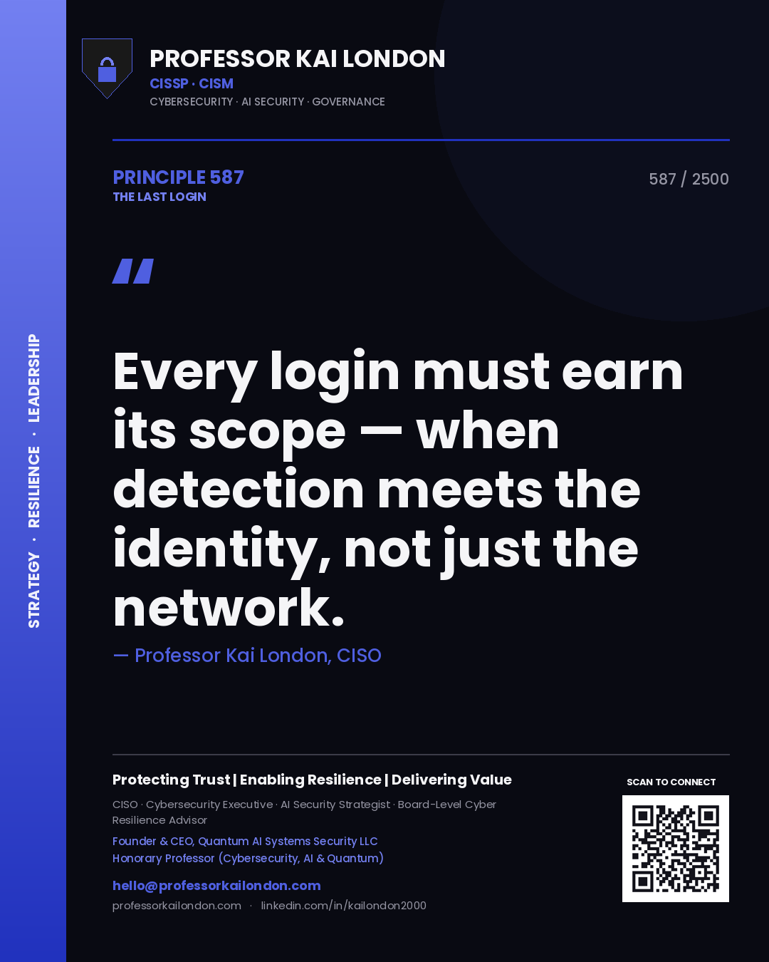 Quote card by Professor Kai London reading 'Every login must earn its scope — when detection meets the identity, not just the network.'. From the book The Last Login.
