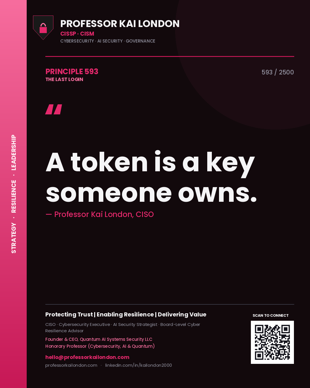 Quote card by Professor Kai London reading 'A token is a key someone owns.'. From the book The Last Login.