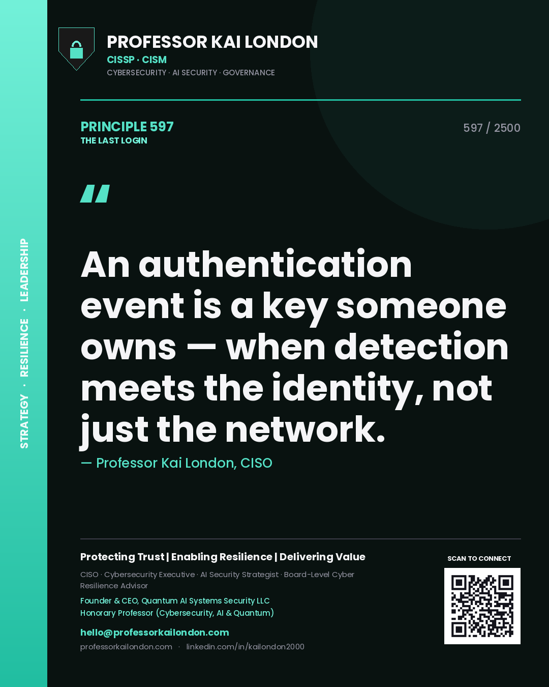 Professor Kai London principle 597: An authentication event is a key someone owns — when detection meets the identity, not just the network.