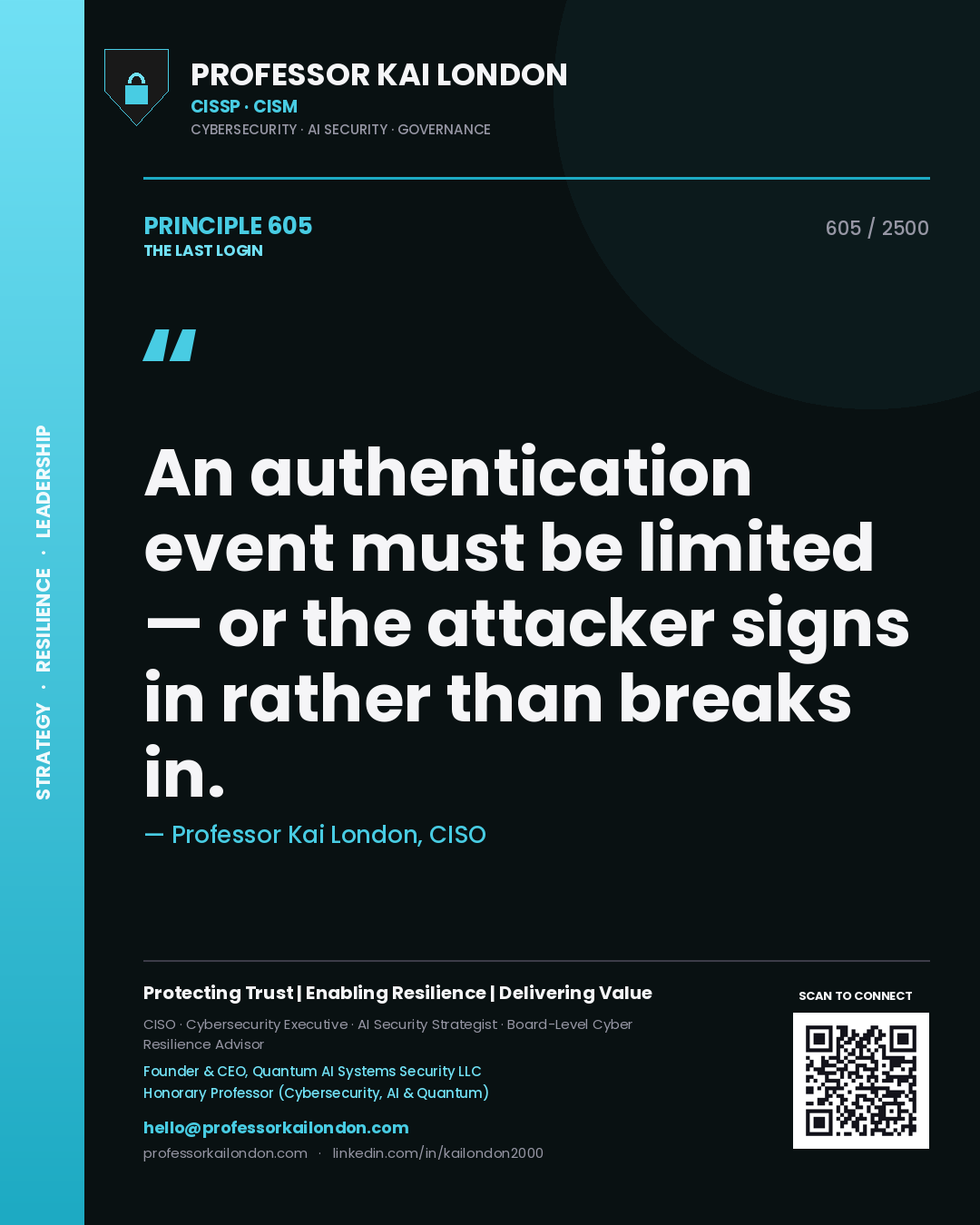 Professor Kai London principle 605: An authentication event must be limited — or the attacker signs in rather than breaks in.