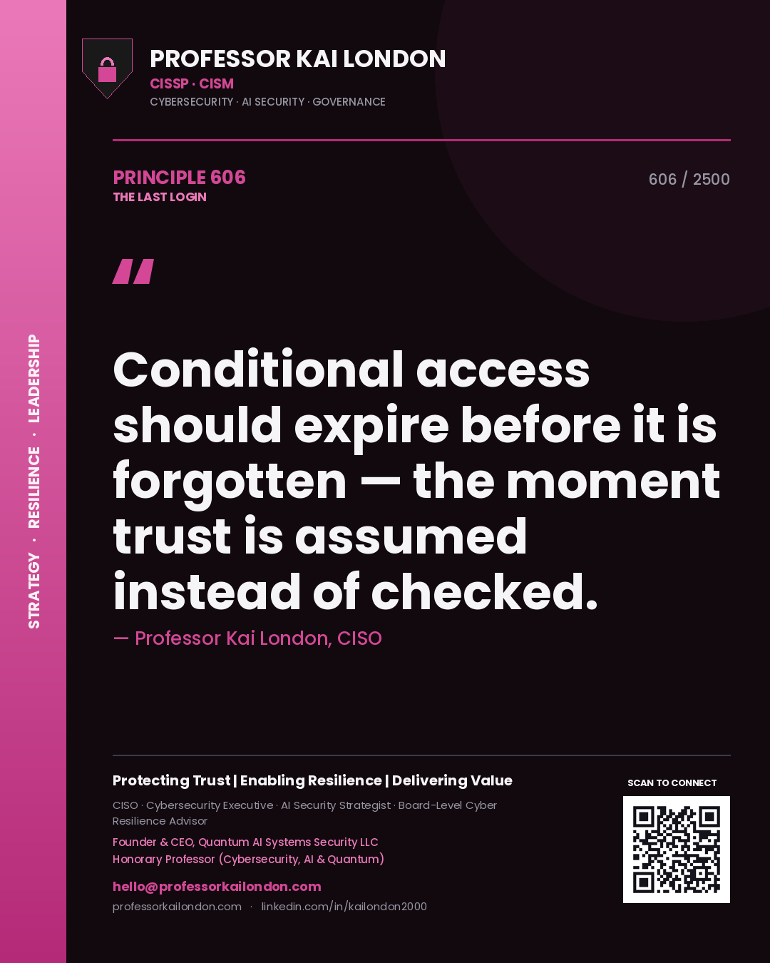 Professor Kai London principle 606: Conditional access should expire before it is forgotten — the moment trust is assumed instead of checked.