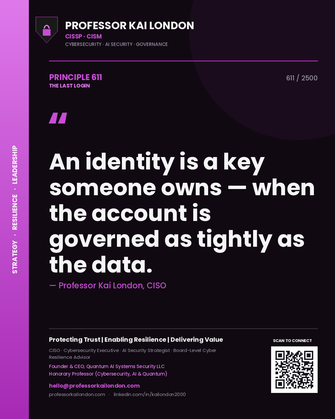 Quote card by Professor Kai London reading 'An identity is a key someone owns — when the account is governed as tightly as the data.'. From the book The Last Login.