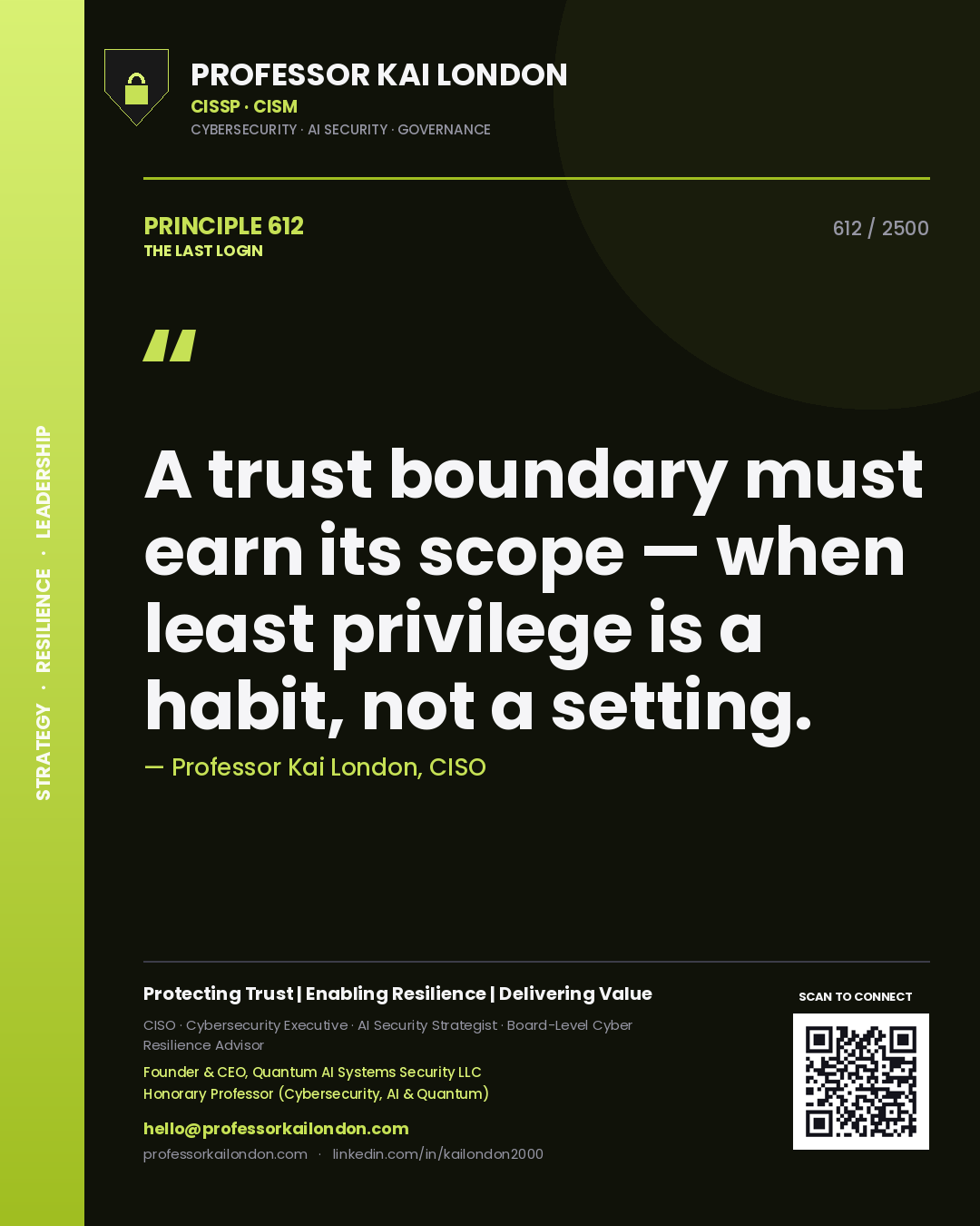 Quote card by Professor Kai London reading 'A trust boundary must earn its scope — when least privilege is a habit, not a setting.'. From the book The Last Login.