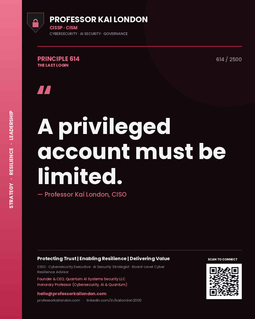 Quote card by Professor Kai London reading 'A privileged account must be limited.'. From the book The Last Login.