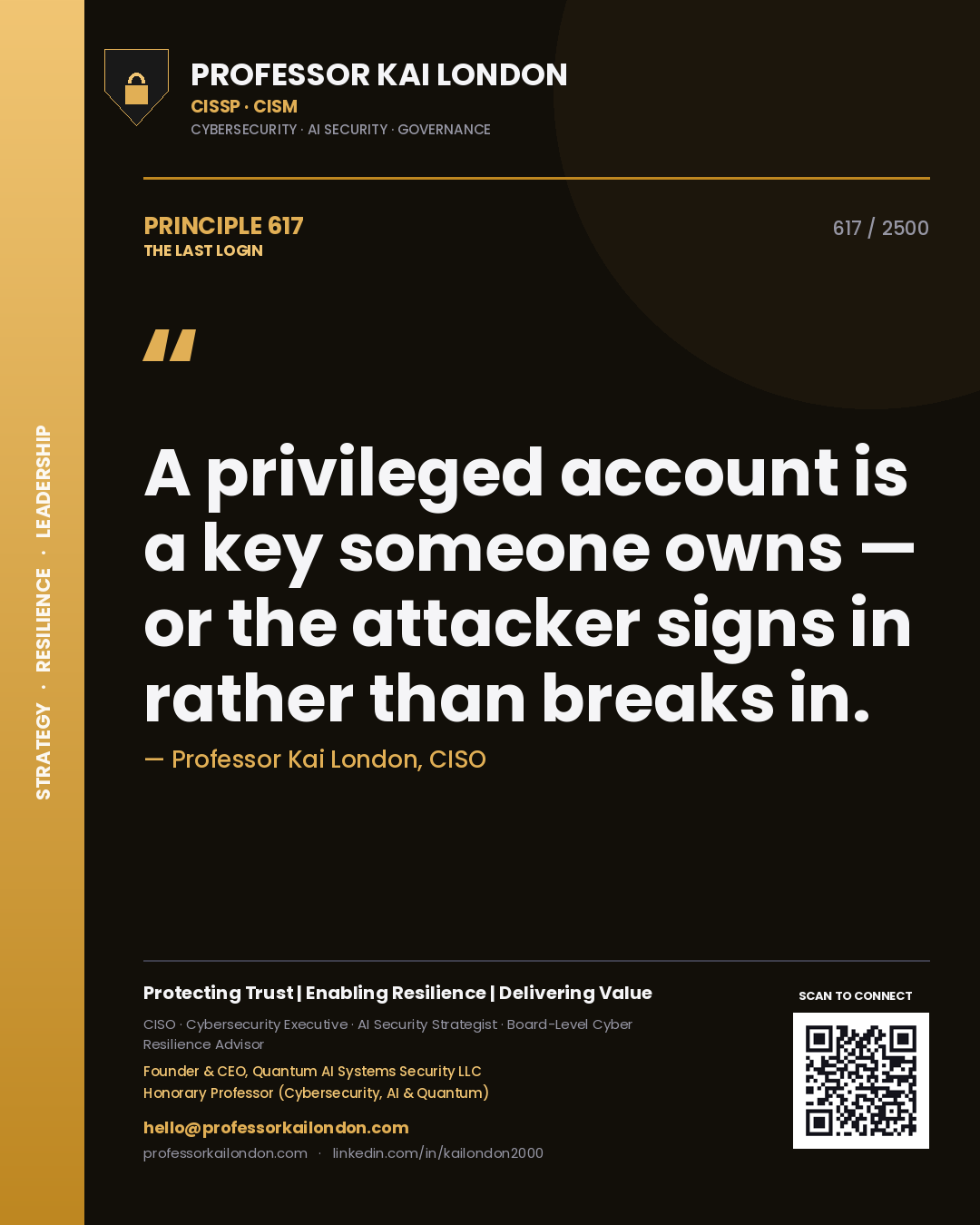 Quote card by Professor Kai London reading 'A privileged account is a key someone owns — or the attacker signs in rather than breaks in.'. From the book The Last Login.