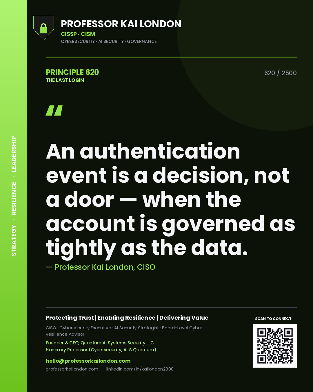Professor Kai London principle 620: An authentication event is a decision, not a door — when the account is governed as tightly as the data.