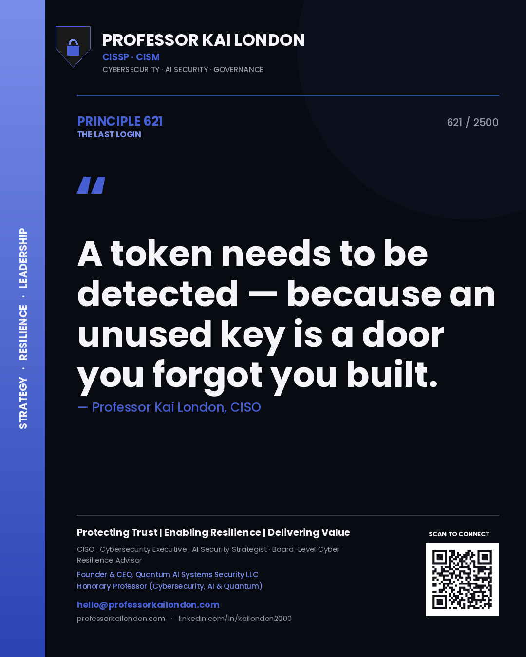 Quote card by Professor Kai London reading 'A token needs to be detected — because an unused key is a door you forgot you built.'. From the book The Last Login.
