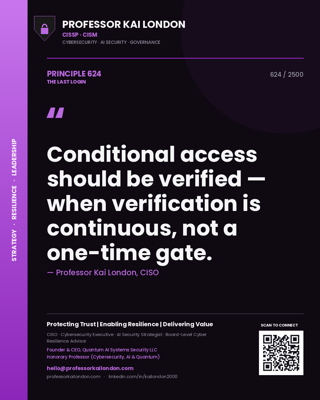 Quote card by Professor Kai London reading 'Conditional access should be verified — when verification is continuous, not a one-time gate.'. From the book The Last Login.