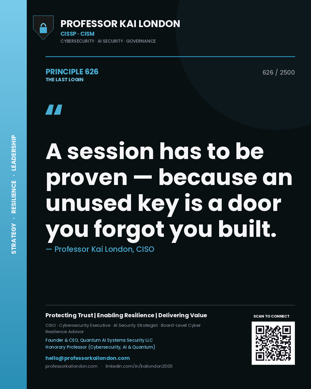 Professor Kai London principle 626: A session has to be proven — because an unused key is a door you forgot you built.