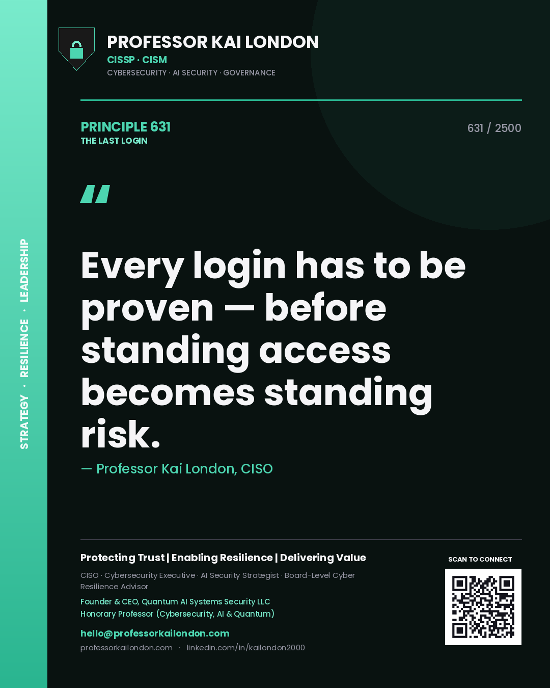 Quote card by Professor Kai London reading 'Every login has to be proven — before standing access becomes standing risk.'. From the book The Last Login.