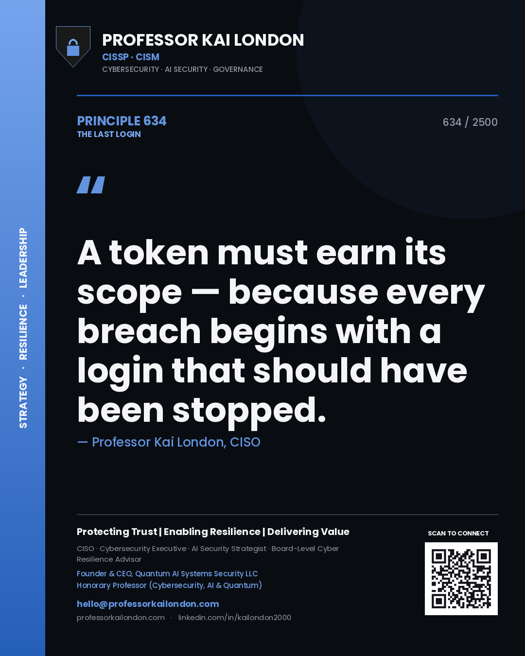 Quote card by Professor Kai London reading 'A token must earn its scope — because every breach begins with a login that should have been stopped.'. From the book The Last Login.