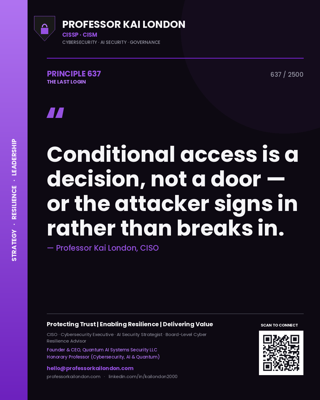 Quote card by Professor Kai London reading 'Conditional access is a decision, not a door — or the attacker signs in rather than breaks in.'. From the book The Last Login.