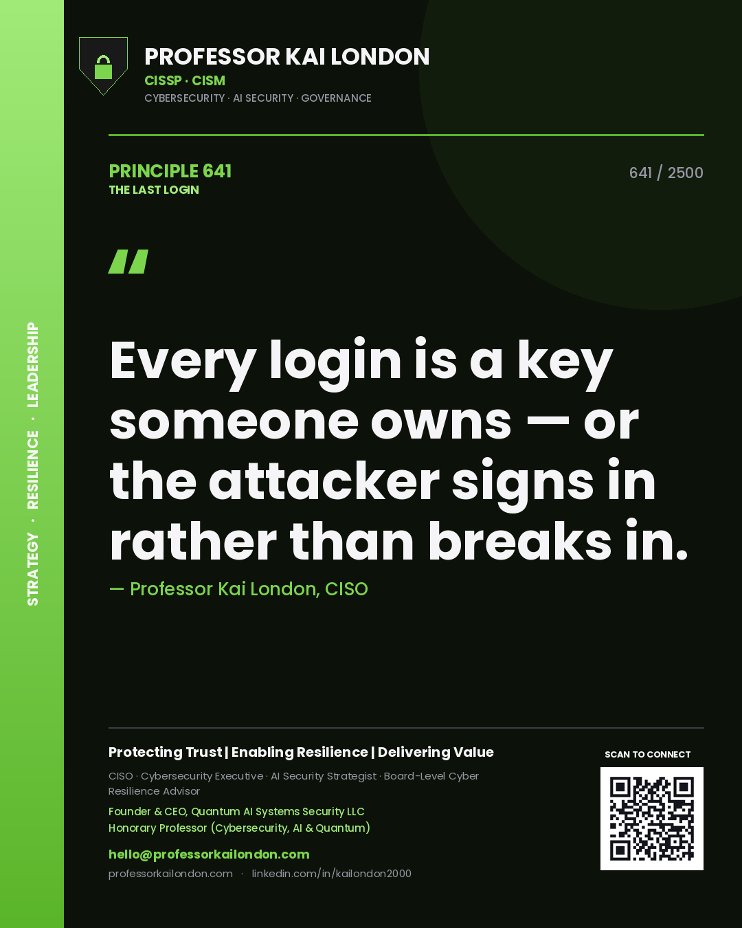 Quote card by Professor Kai London reading 'Every login is a key someone owns — or the attacker signs in rather than breaks in.'. From the book The Last Login.