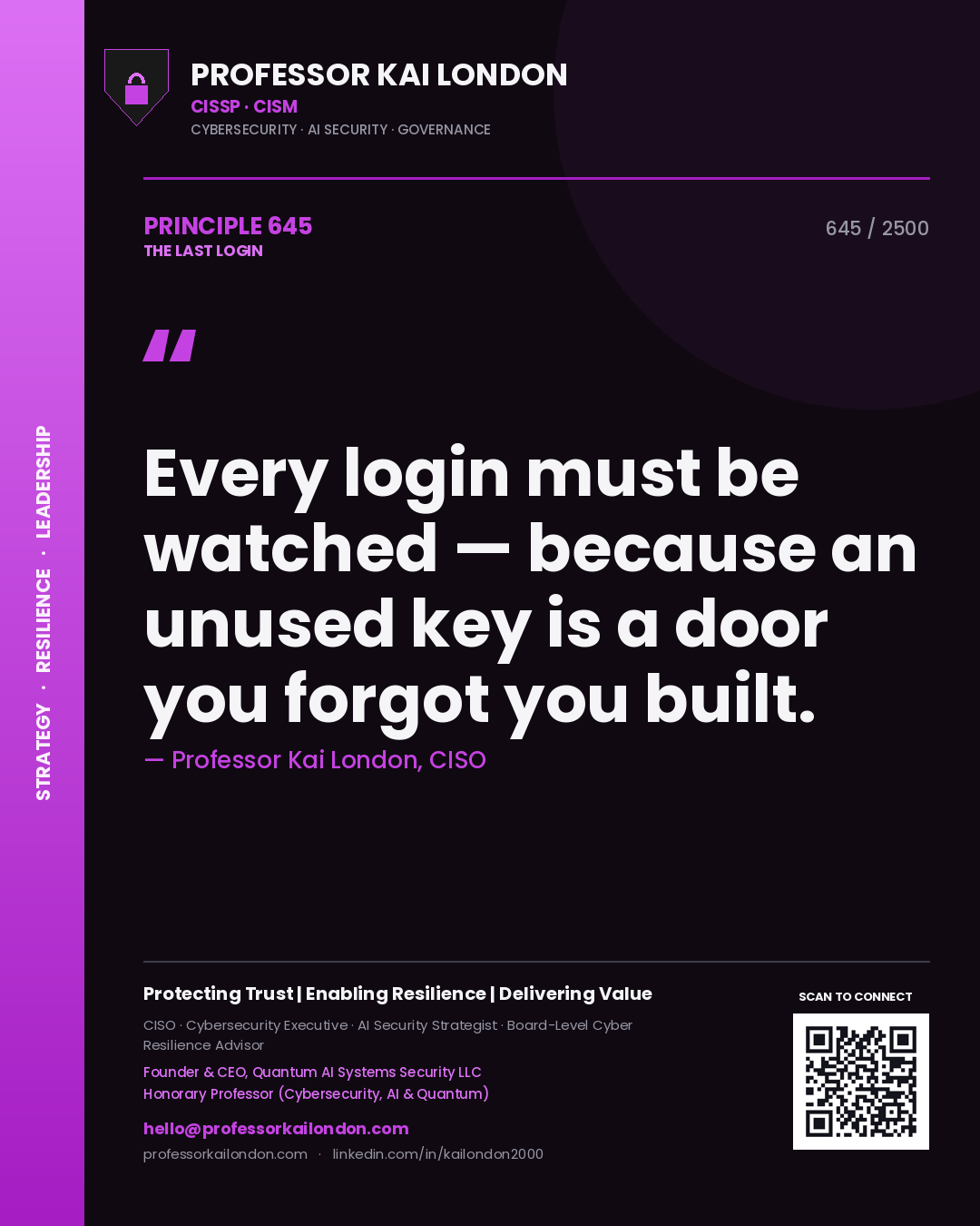 Quote card by Professor Kai London reading 'Every login must be watched — because an unused key is a door you forgot you built.'. From the book The Last Login.
