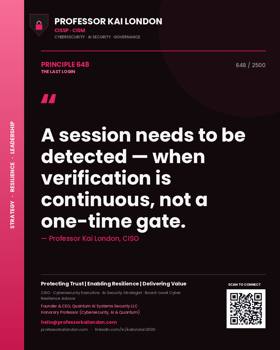 Quote card by Professor Kai London reading 'A session needs to be detected — when verification is continuous, not a one-time gate.'. From the book The Last Login.