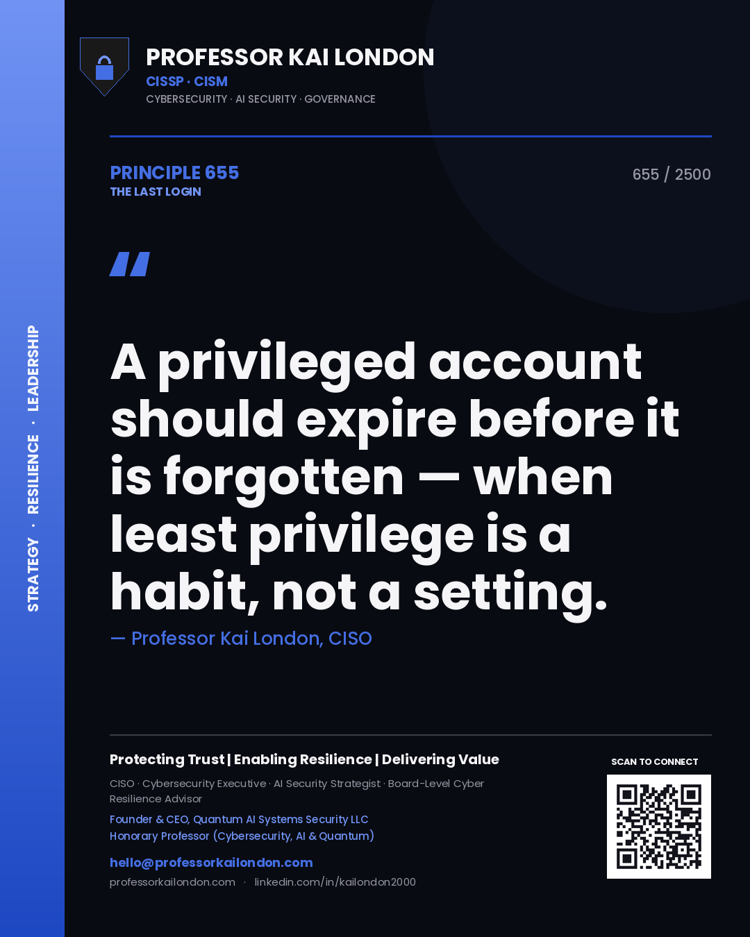 Professor Kai London principle 655: A privileged account should expire before it is forgotten — when least privilege is a habit, not a setting.