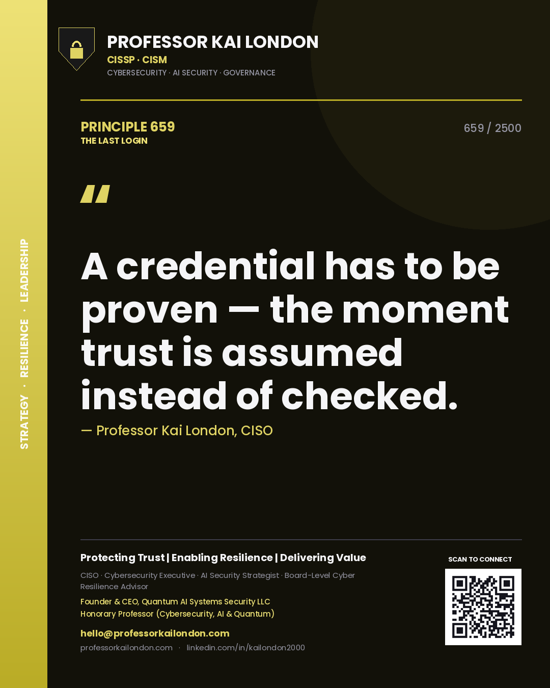 Quote card by Professor Kai London reading 'A credential has to be proven — the moment trust is assumed instead of checked.'. From the book The Last Login.