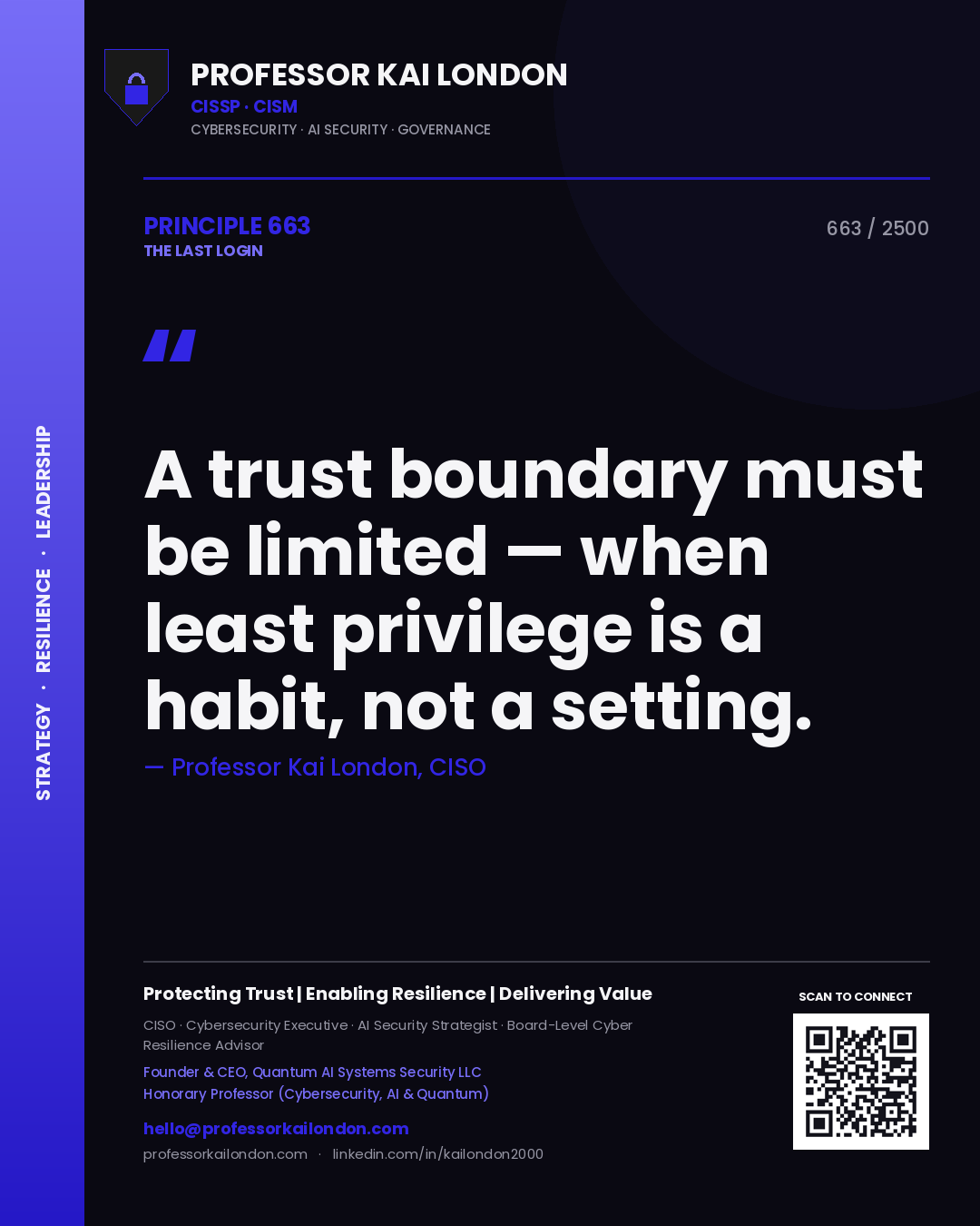 Quote card by Professor Kai London reading 'A trust boundary must be limited — when least privilege is a habit, not a setting.'. From the book The Last Login.