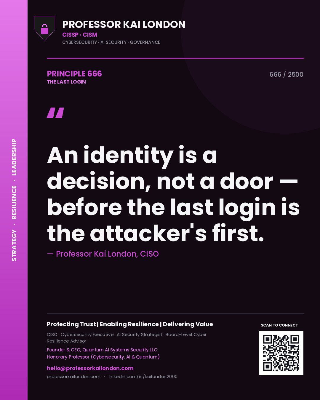 Quote card by Professor Kai London reading 'An identity is a decision, not a door — before the last login is the attacker's first.'. From the book The Last Login.
