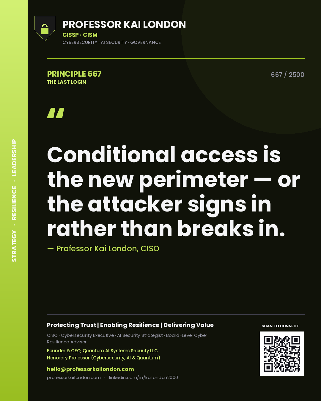 Quote card by Professor Kai London reading 'Conditional access is the new perimeter — or the attacker signs in rather than breaks in.'. From the book The Last Login.