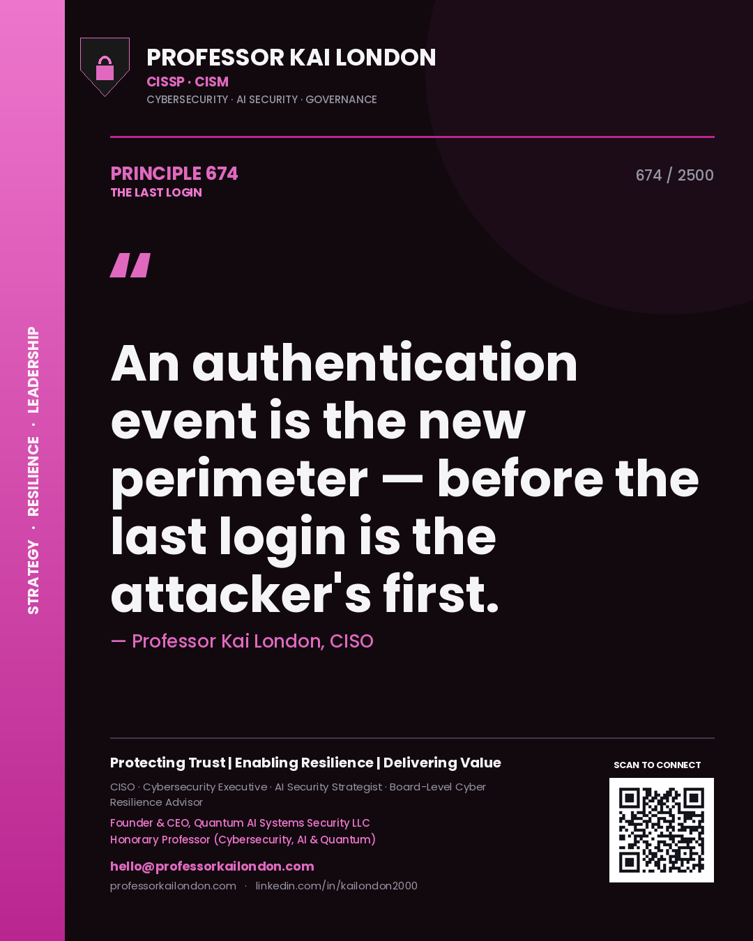 Quote card by Professor Kai London reading 'An authentication event is the new perimeter — before the last login is the attacker's first.'. From the book The Last Login.