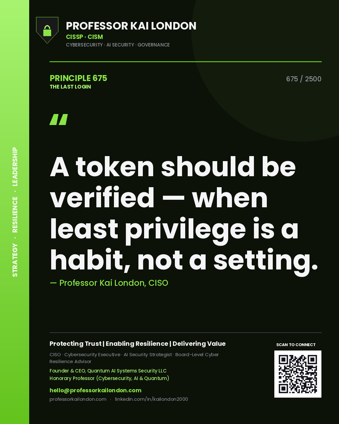 Quote card by Professor Kai London reading 'A token should be verified — when least privilege is a habit, not a setting.'. From the book The Last Login.
