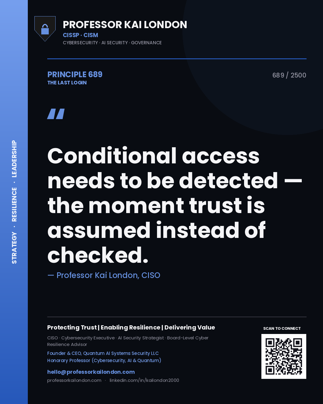Quote card by Professor Kai London reading 'Conditional access needs to be detected — the moment trust is assumed instead of checked.'. From the book The Last Login.